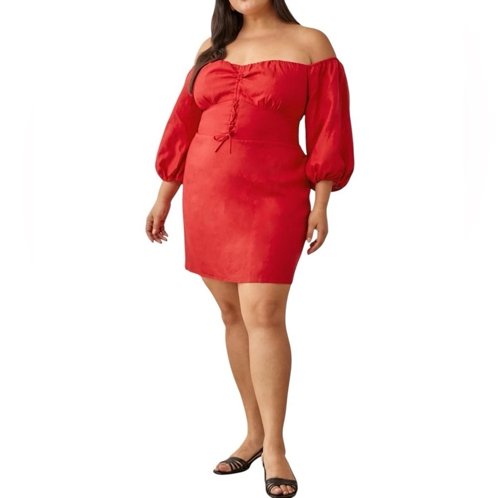 Reformation Kathryn Cherry Red Linen Off-Shoulder Mini Dress Plus Size 22 NWT